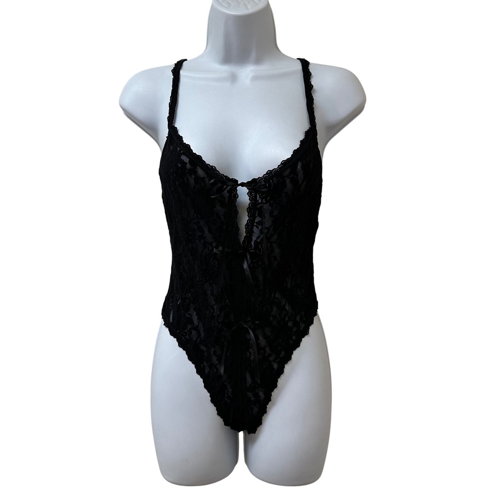 Hanky Panky After Midnight Black Floral Lace Open Gusset Bodysuit Medium 488406